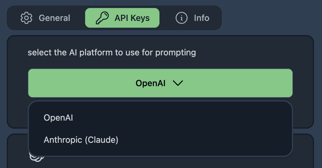 Ghost Coder's AI vendor dropdown